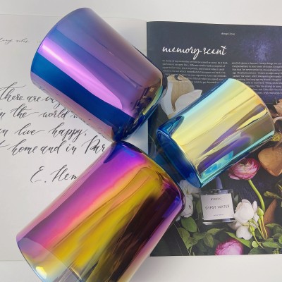 Luxury Rainbow Color Glass Candle Jars With Customized Lid Iridescent Candle Vessels for Christmas