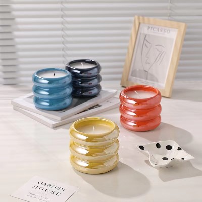 8OZ Luxury Candle Jars Ceramic Cylinder Iridescent Doughnut Shape Ceramic Candle Holders Lanterns Candle Jars