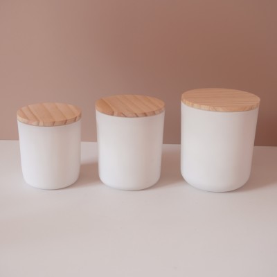 Stock 8OZ 12OZ 16OZ  Matte White Glass Candle Jar With Wood Metal Wood Cork Lid