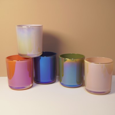 12OZ Round Bottom Luxury Iridescent Empty Candle Jars 12oz Metal Cylinder Holder with Lid for Home Decoration Customizable Logo