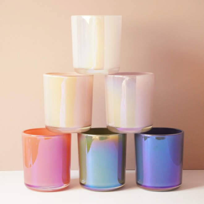 Stock 12OZ Aura White Blush Sage Clay Navy Blue Rainbow Iridescent Candle Vessel Electroplating Cylinder with Selected Lid