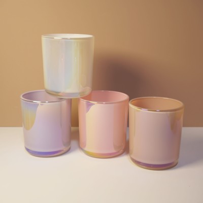 12OZ Round Bottom Luxury Iridescent Empty Candle Jars 12oz Metal Cylinder Holder with Lid for Home Decoration Customizable Logo