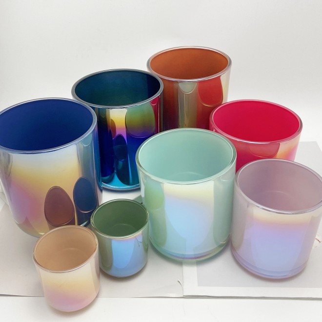 8OZ 10OZ 12OZ 16OZ Iridescent Plating Glass Creative Aura Candle Jars Cylinder Vessel for Home Decoration