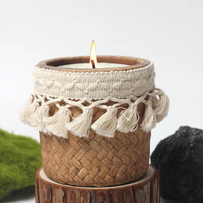12OZ Empty Unique Khaki Concrete Candle Jars With Tassels Vintage Luxury Cement Candle Cup Container for Candle Making