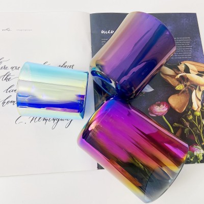 Luxury Rainbow Color Glass Candle Jars With Customized Lid Iridescent Candle Vessels for Christmas