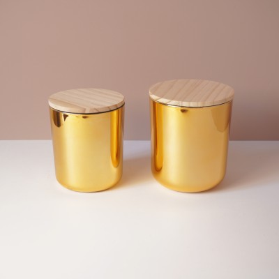 8OZ 12OZ 16OZ Empty Gold Round Bottom Glass Candle Jar with Wood Metal Cork Lid