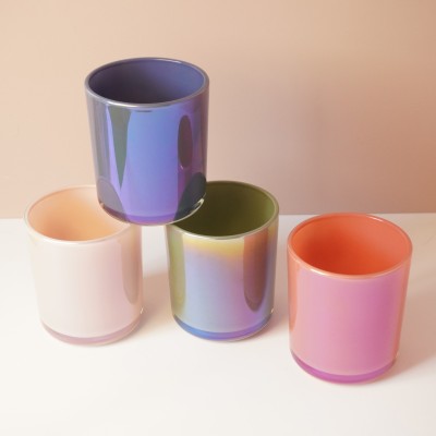 Stock 12OZ Aura White Blush Sage Clay Navy Blue Rainbow Iridescent Candle Vessel Electroplating Cylinder with Selected Lid