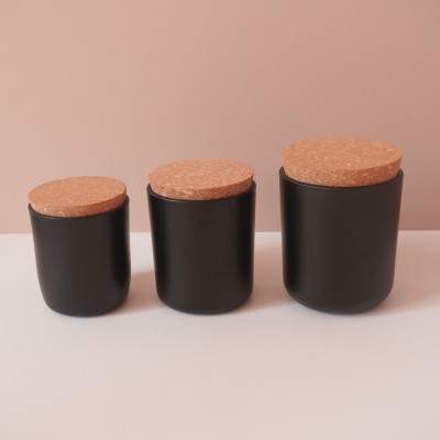Stock 8OZ 12OZ 16OZ  Round Bottom Matte Black Glass Candle Jar With Wood Metal Wood Cork Lid