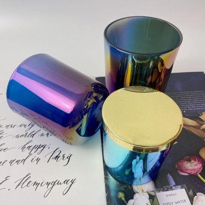 Luxury Rainbow Color Glass Candle Jars With Customized Lid Iridescent Candle Vessels for Christmas