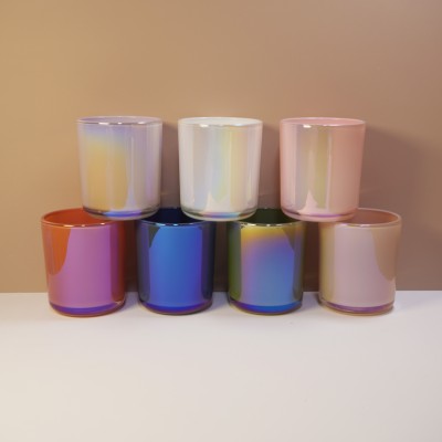 12OZ Round Bottom Luxury Iridescent Empty Candle Jars 12oz Metal Cylinder Holder with Lid for Home Decoration Customizable Logo