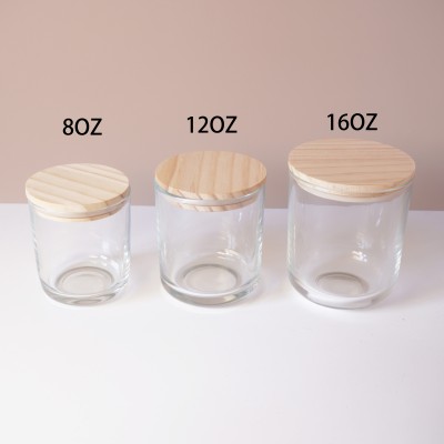 Stock 8OZ 12OZ 16OZ Empty Clear Round Bottom Glass Candle Jar with Wood Metal Cork Lid