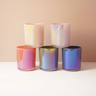 Stock 12OZ Iridescent Rainbow Candle Vessel Light Color White Mermind Blush Pink with Selected Lid for Home Decoration