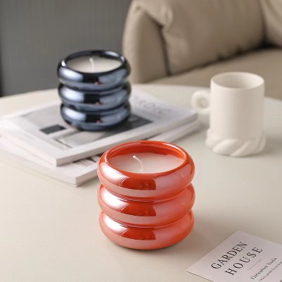 8OZ Luxury Candle Jars Ceramic Cylinder Iridescent Doughnut Shape Ceramic Candle Holders Lanterns Candle Jars