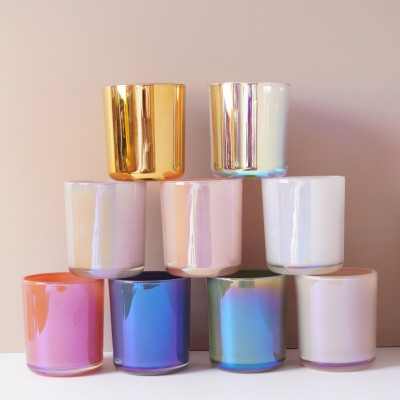 Stock 12OZ Aura White Blush Sage Clay Navy Blue Rainbow Iridescent Candle Vessel Electroplating Cylinder with Selected Lid