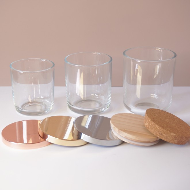 Stock 8OZ 12OZ 16OZ Empty Clear Round Bottom Glass Candle Jar with Wood Metal Cork Lid