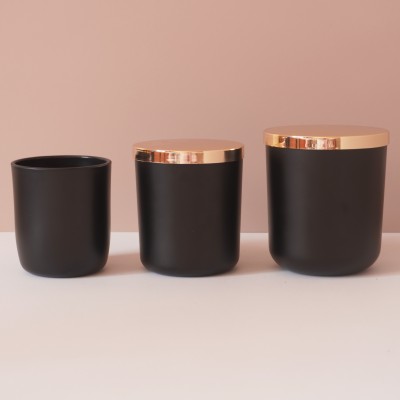 Stock 8OZ 12OZ 16OZ  Round Bottom Matte Black Glass Candle Jar With Wood Metal Wood Cork Lid
