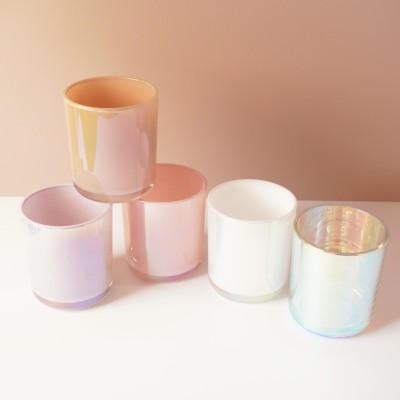 Stock 12OZ Iridescent Rainbow Candle Vessel Light Color White Mermind Blush Pink with Selected Lid for Home Decoration