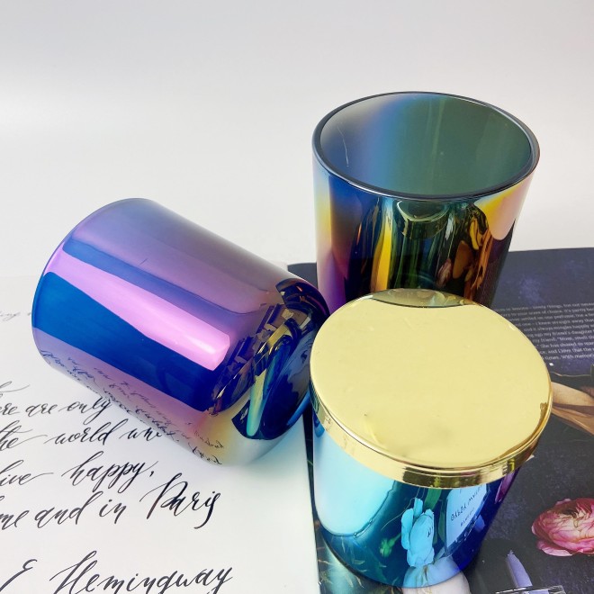 Luxury Rainbow Color Glass Candle Jars With Customized Lid Iridescent Candle Vessels for Christmas