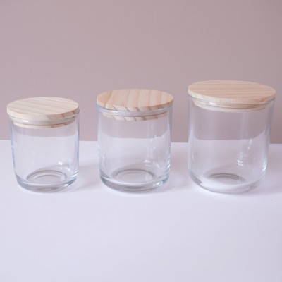 Stock 8OZ 12OZ 16OZ Empty Clear Round Bottom Glass Candle Jar with Wood Metal Cork Lid