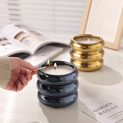 8OZ Luxury Candle Jars Ceramic Cylinder Iridescent Doughnut Shape Ceramic Candle Holders Lanterns Candle Jars