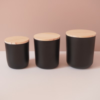 Stock 8OZ 12OZ 16OZ  Round Bottom Matte Black Glass Candle Jar With Wood Metal Wood Cork Lid
