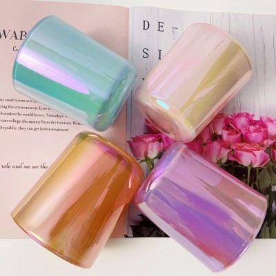 12OZ Round Bottom Luxury Iridescent Empty Candle Jars 12oz Metal Cylinder Holder with Lid for Home Decoration Customizable Logo