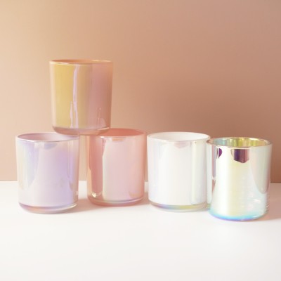 Stock 12OZ Iridescent Rainbow Candle Vessel Light Color White Mermind Blush Pink with Selected Lid for Home Decoration