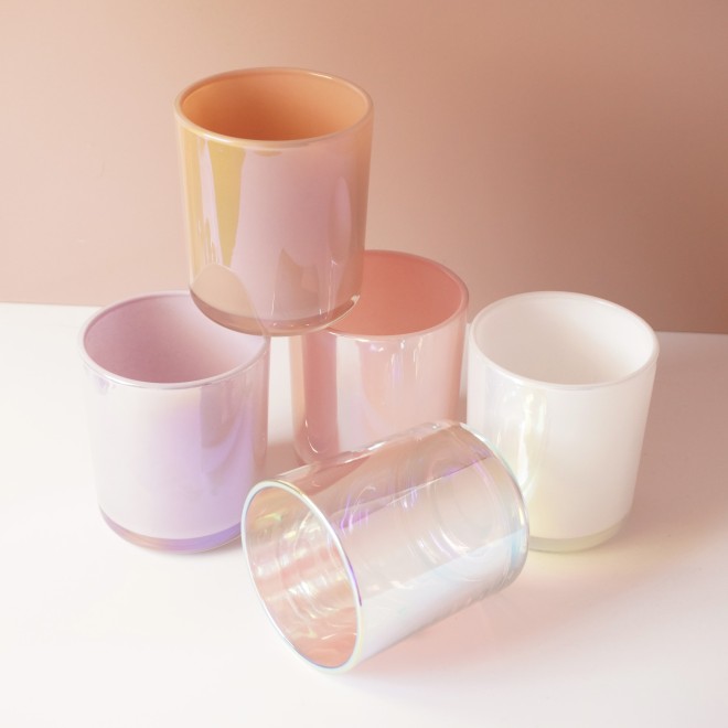 Stock 12OZ Iridescent Rainbow Candle Vessel Light Color White Mermind Blush Pink with Selected Lid for Home Decoration