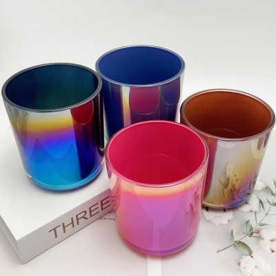 8OZ 10OZ 12OZ 16OZ Iridescent Plating Glass Creative Aura Candle Jars Cylinder Vessel for Home Decoration