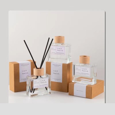 100ML 150ML Square Clear Luxury Reed Difuser Bottle With Customization Box Wooden Caps