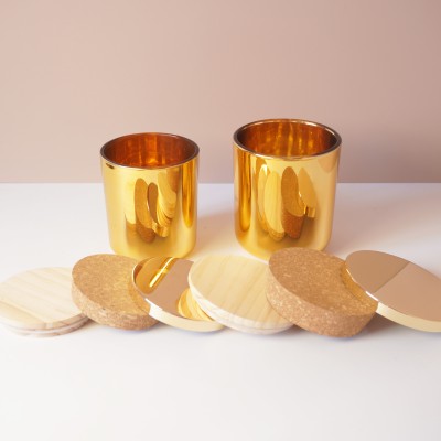 8OZ 12OZ 16OZ Empty Gold Round Bottom Glass Candle Jar with Wood Metal Cork Lid