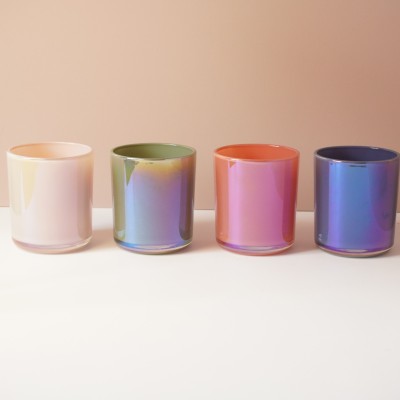 Stock 12OZ Aura White Blush Sage Clay Navy Blue Rainbow Iridescent Candle Vessel Electroplating Cylinder with Selected Lid