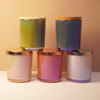 12OZ Round Bottom Luxury Iridescent Empty Candle Jars 12oz Metal Cylinder Holder with Lid for Home Decoration Customizable Logo