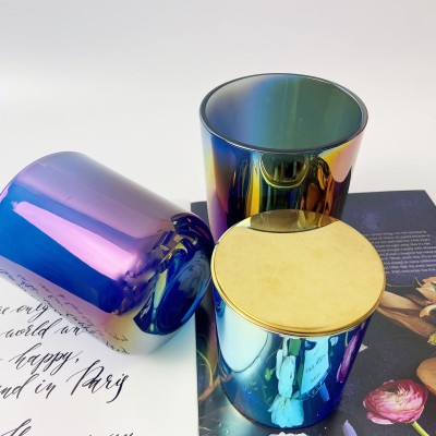 Luxury Rainbow Color Glass Candle Jars With Customized Lid Iridescent Candle Vessels for Christmas