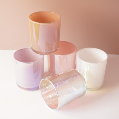 Stock 12OZ Aura White Blush Sage Clay Navy Blue Rainbow Iridescent Candle Vessel Electroplating Cylinder with Selected Lid