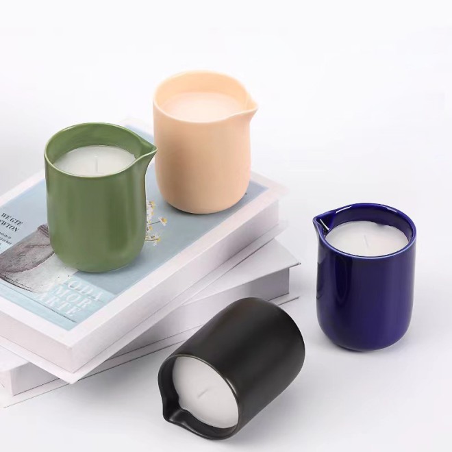 Hot Sale 6OZ Empty Ceramic Candle Jar With Spout and Lids for Massage