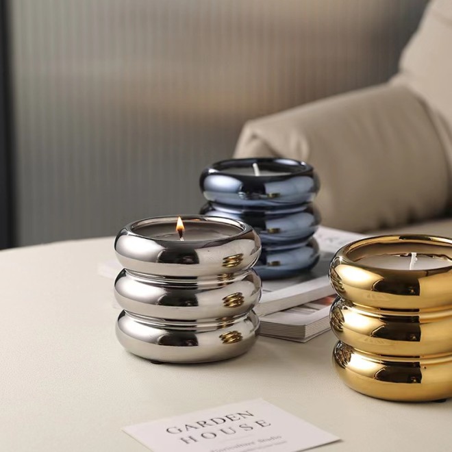 8OZ Luxury Candle Jars Ceramic Cylinder Iridescent Doughnut Shape Ceramic Candle Holders Lanterns Candle Jars