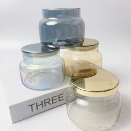 Luxury 12OZ Clear Amber Gray Glass Candle Jars with Lid Empty Unique Scented Cylinder for Home Decoration