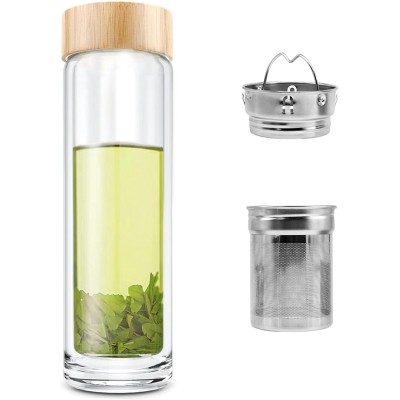 Double Wall Insulated Premium 7003 High Borosilicate Glass Tea Infuser Fruit Water Bottle With Leak Proof Lid