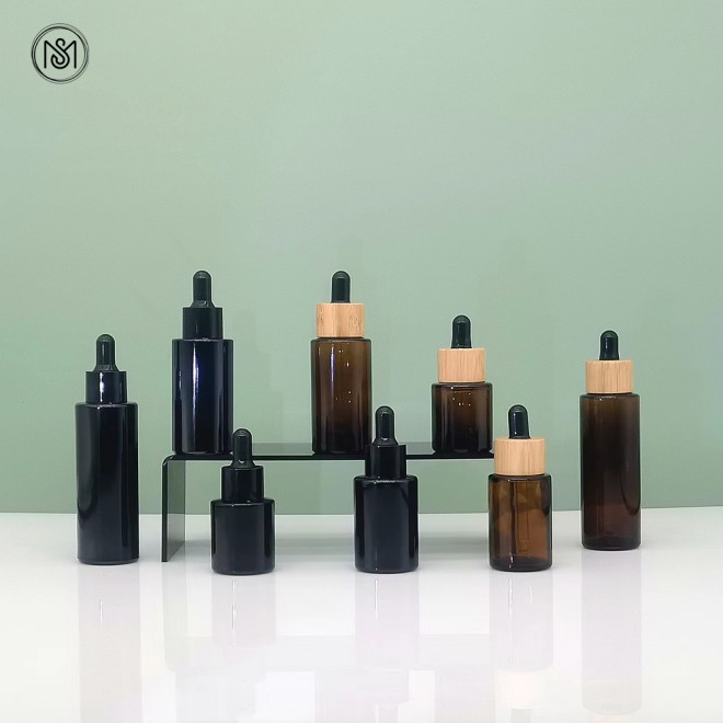20ml 30 40 50 60 80 100 150 Round Amber Black Frosted Glass Flat Shoulder Essectial Oil Serum Dropper Bottle