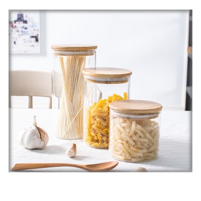 High Borosilicate Glass Storage Jar Bottle With Wood Lid Kitchen Food Container