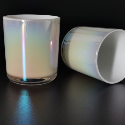 Wholesale 12oz Wooden Wick  Iridescent Plating Glass Creative Luxury Candle Jars Brush Aura Clear Rainbow Iridescent Candle Jar