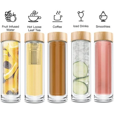 Double Wall Insulated Premium 7003 High Borosilicate Glass Tea Infuser Fruit Water Bottle With Leak Proof Lid