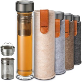 7003 Double Wall Insulated Premium High Borosilicate Glass Tea Infuser Fruit Water Bottle With Leak Proof Bamboo Lid