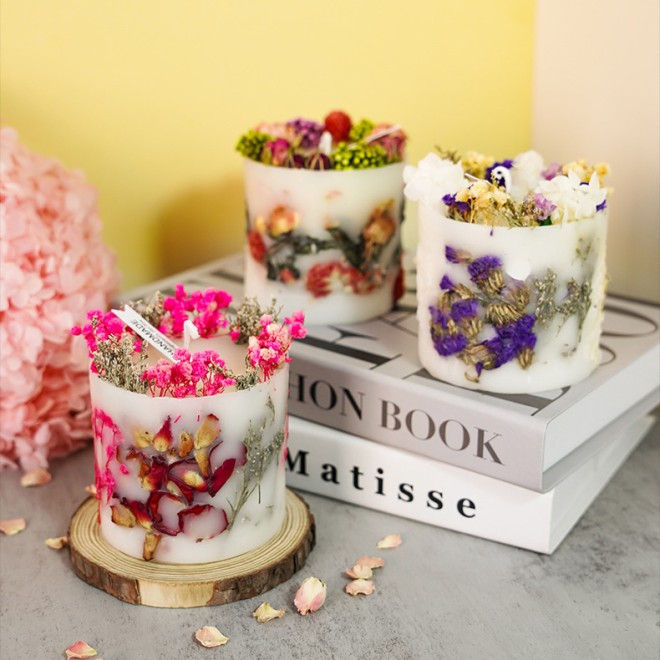 Romantic Rose Dried Flowers Cylinder Aromatherapy Luxury Soy Wax Scented Candle with Dry Flower