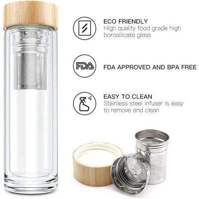 Double Wall Insulated Premium 7003 High Borosilicate Glass Tea Infuser Fruit Water Bottle With Leak Proof Lid