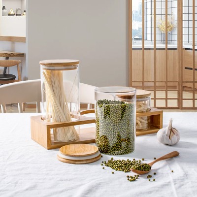 High Borosilicate Glass Storage Jar Bottle With Wood Lid Kitchen Food Container