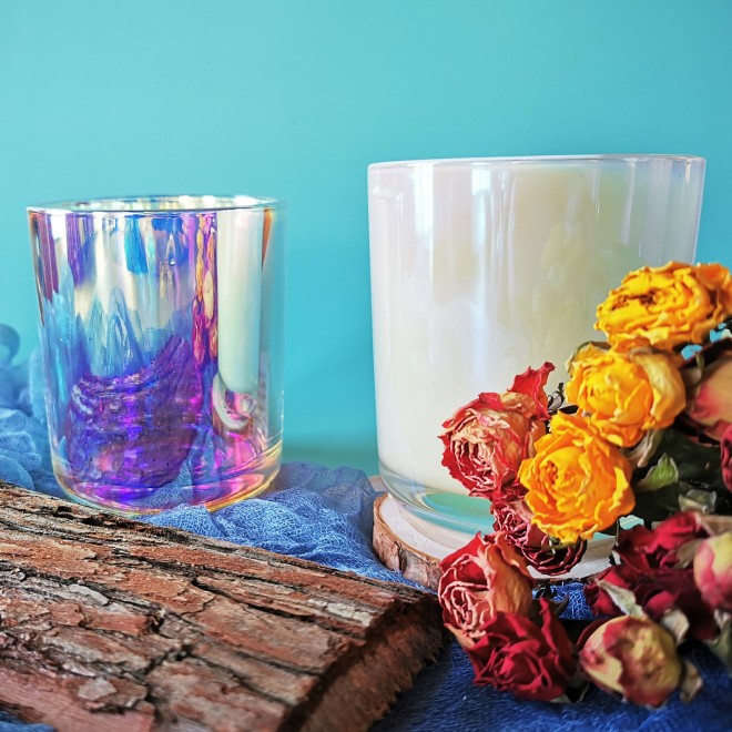 Wholesale 12oz Wooden Wick  Iridescent Plating Glass Creative Luxury Candle Jars Brush Aura Clear Rainbow Iridescent Candle Jar