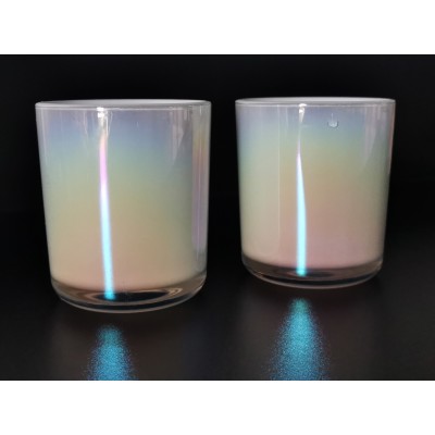 Wholesale 12oz Wooden Wick  Iridescent Plating Glass Creative Luxury Candle Jars Brush Aura Clear Rainbow Iridescent Candle Jar