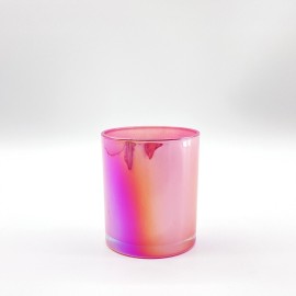 Free Sample Luxury Cylinder 8oz 220ml Iridescent Colorful Clear Glass Candle Jars With Wooden Lid